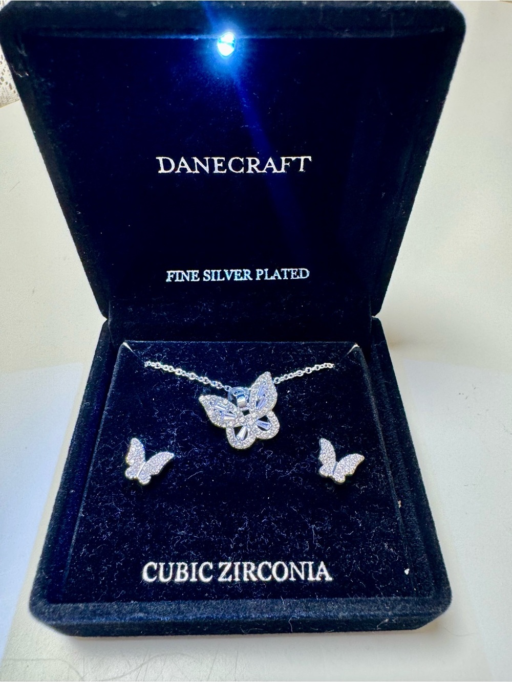 Danecraft Cubic Zerconia Silver-Plated Butterfly Necklace & Earring Set-Light Up